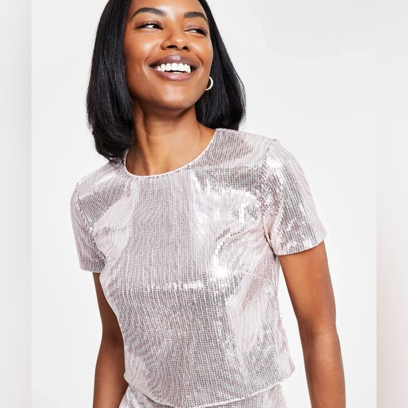 Michael Kors Sparkling Sequins Over Pink Zebra Print Sequin Crop Top - Size M - Picture 2 of 15